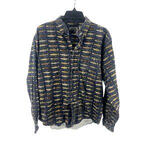 Orvis Mens Button-Up Shirt Fish Print Cotton Long Sleeve Navy Size L Vacation